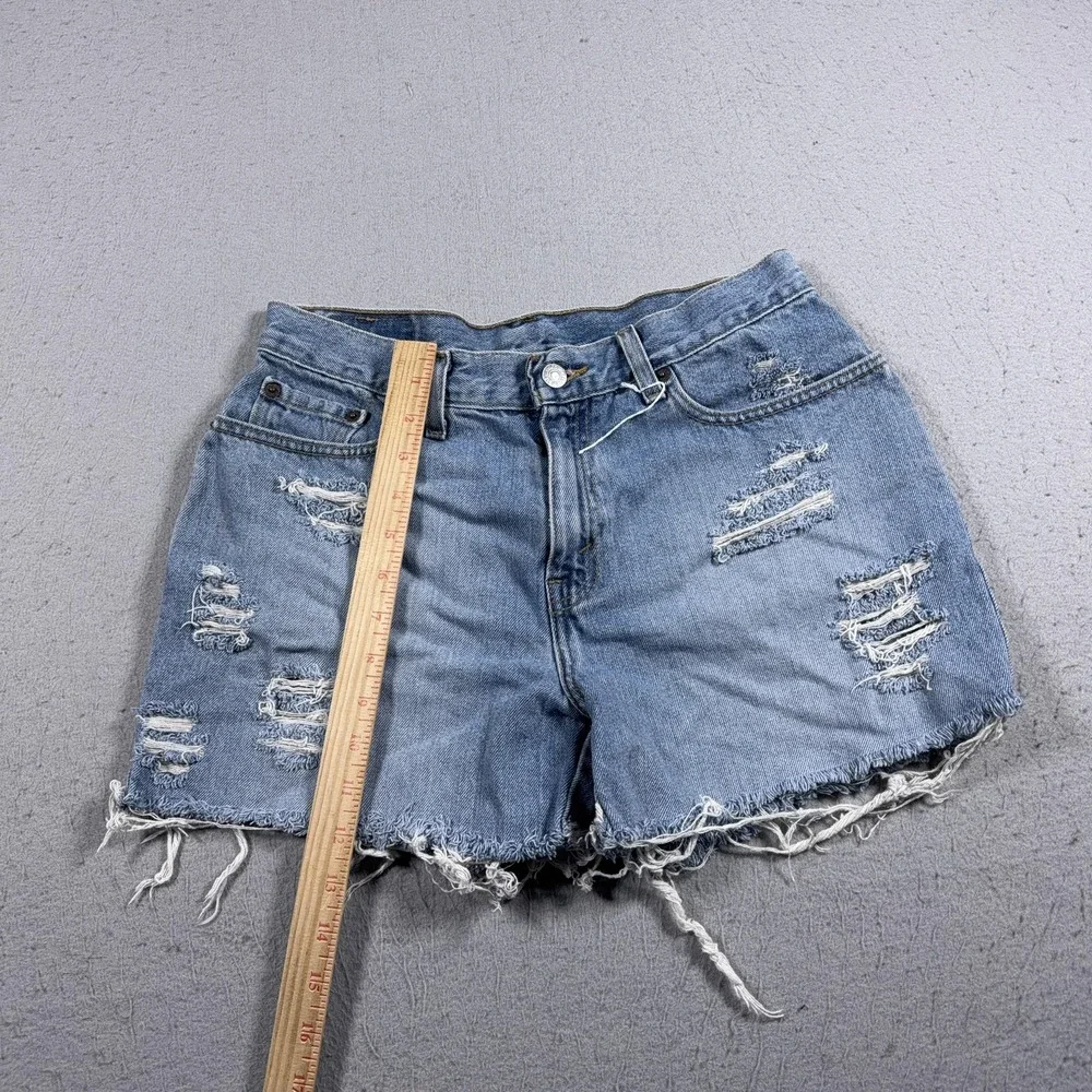 VTG Levis Denim Shorts Womens 10 Blue High Rise Distressed Cut Off Black Batwing